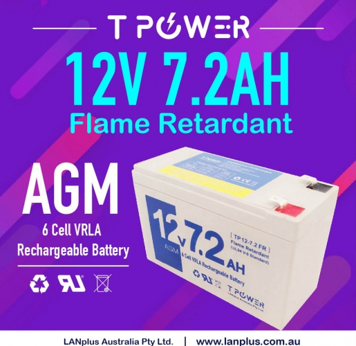 TPower 12V 7.2Ah/20HR 6-Cell VRLA AGM Flame Retardant Battery for UPS NBN Alarm
